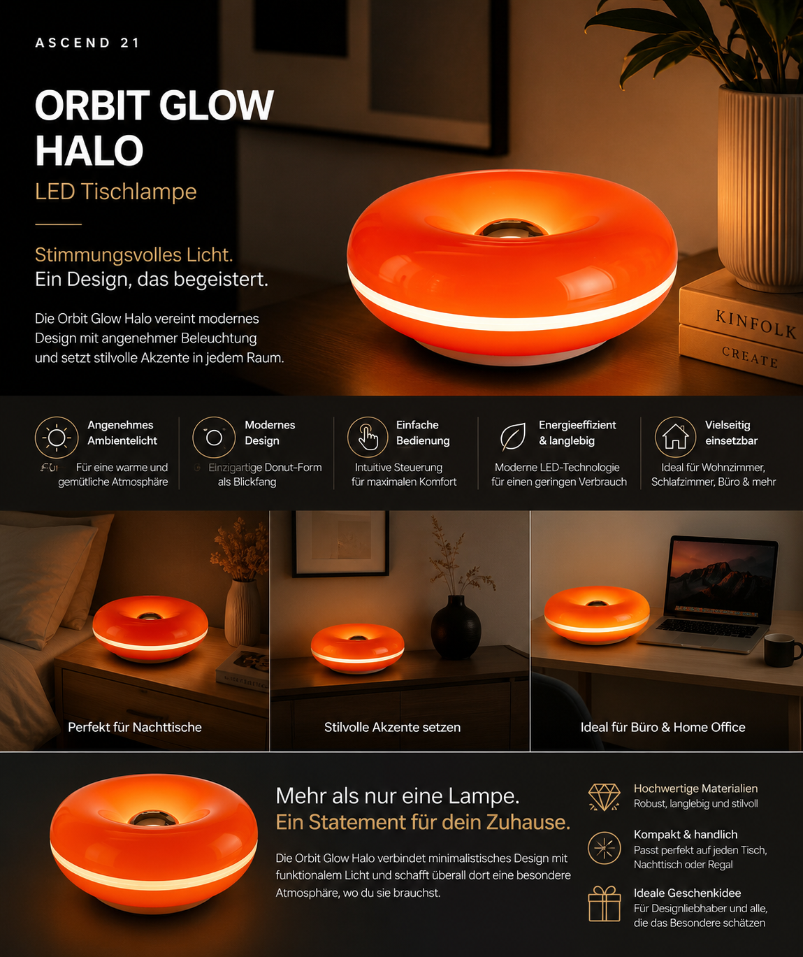 ASCEND 21 Orbit Glow Halo LED Tischlampe – Moderne Donut-Lampe aus Kunststoff – Stimmungsvolle Ambientebeleuchtung – Minimalistisches Design für Wohnzimmer, Schlafzimmer, Büro & Home Office