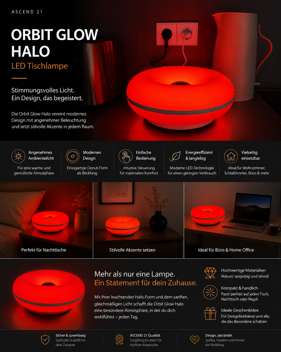 ASCEND 21 Orbit Glow Halo LED Tischlampe – Moderne Donut-Lampe aus Kunststoff – Stimmungsvolle Ambientebeleuchtung – Minimalistisches Design für Wohnzimmer, Schlafzimmer, Büro & Home Office