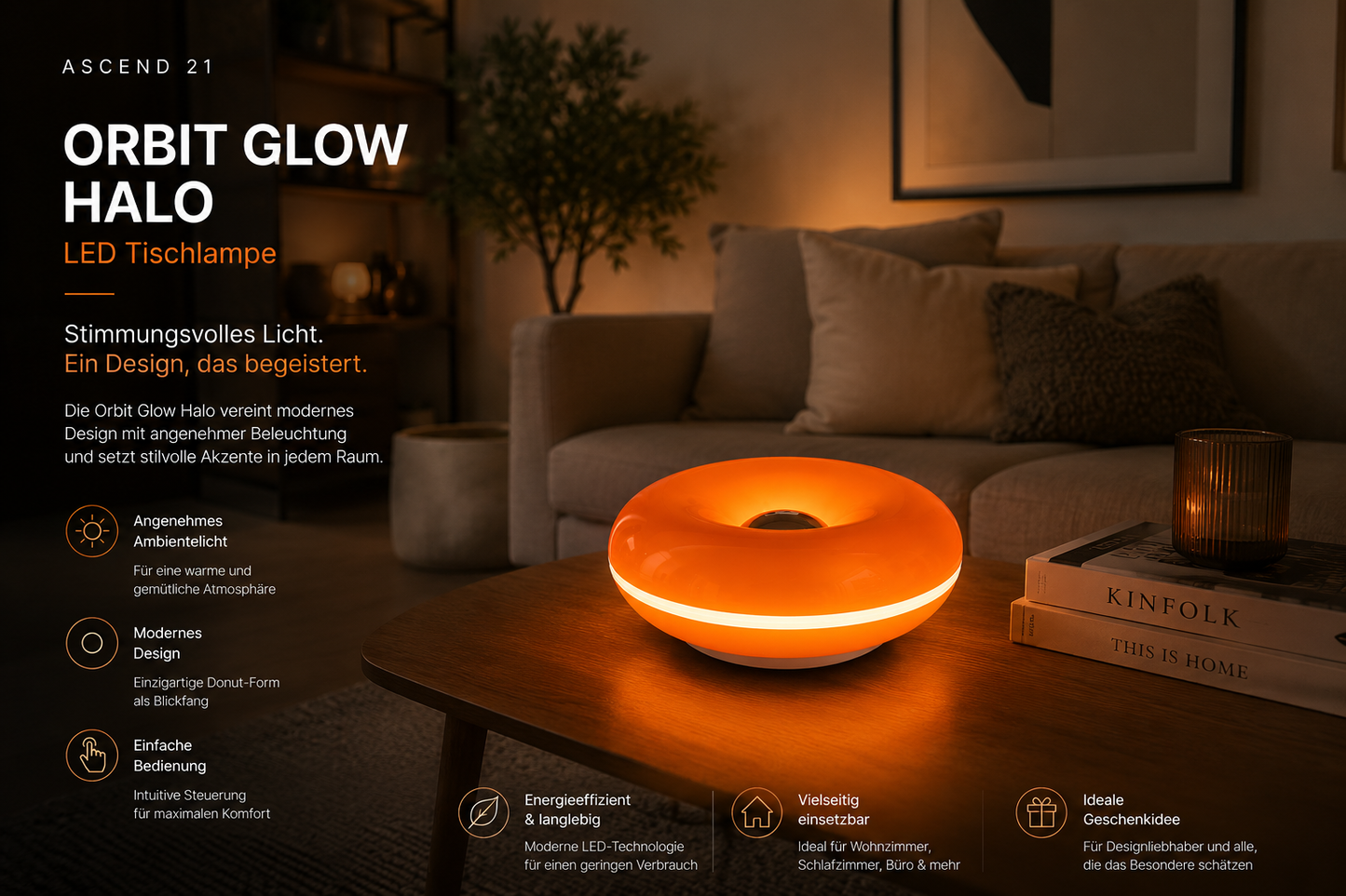 ASCEND 21 Orbit Glow Halo LED Tischlampe – Moderne Donut-Lampe aus Kunststoff – Stimmungsvolle Ambientebeleuchtung – Minimalistisches Design für Wohnzimmer, Schlafzimmer, Büro & Home Office