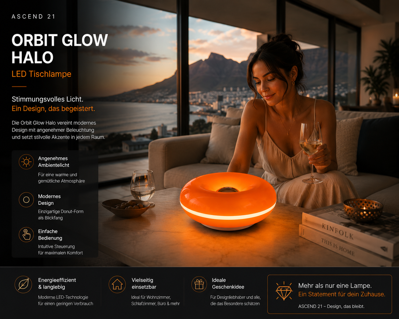 ASCEND 21 Orbit Glow Halo LED Tischlampe – Moderne Donut-Lampe aus Kunststoff – Stimmungsvolle Ambientebeleuchtung – Minimalistisches Design für Wohnzimmer, Schlafzimmer, Büro & Home Office