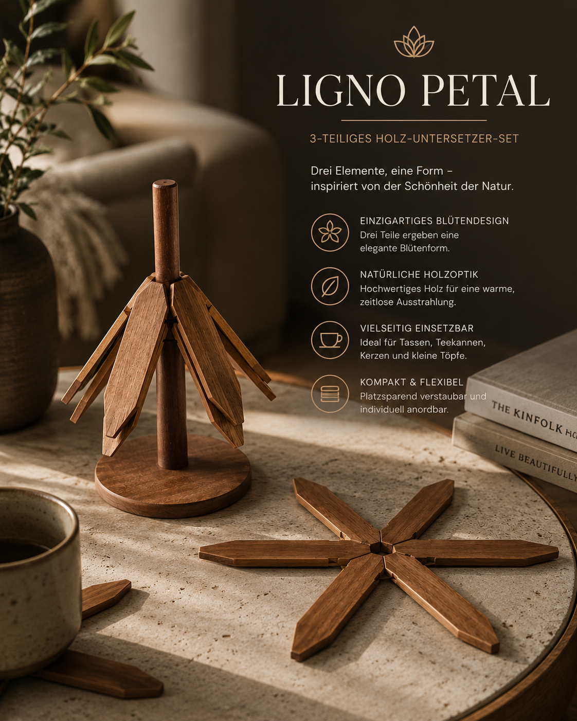 ASCEND 21 LIGNO PETAL™ Holz-Untersetzer Set, 3-teilig, dekorative Blütenform, Design-Untersetzer für Tassen, Teekannen, Kerzen und kleine Töpfe, Holz-Dekoration für Tisch und Küche