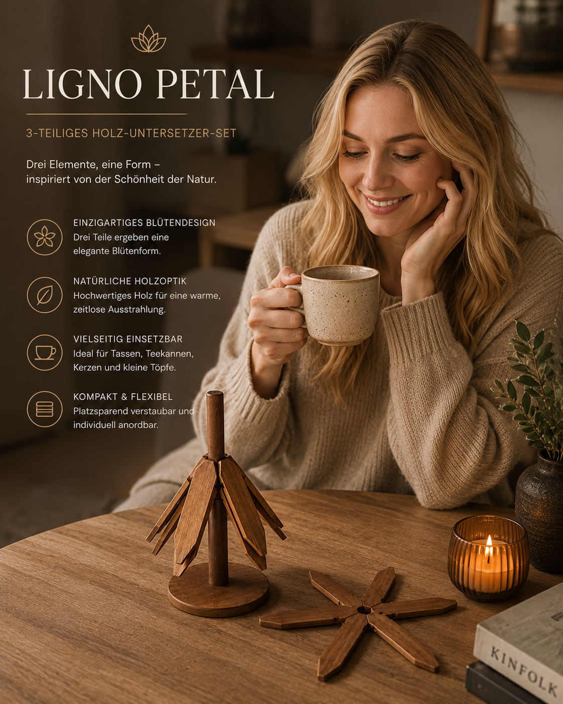ASCEND 21 LIGNO PETAL™ Holz-Untersetzer Set, 3-teilig, dekorative Blütenform, Design-Untersetzer für Tassen, Teekannen, Kerzen und kleine Töpfe, Holz-Dekoration für Tisch und Küche