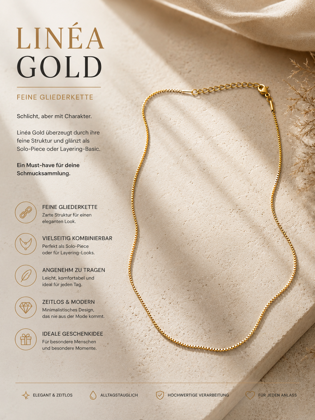 Linéa Gold Feine Gliederkette für Damen – Elegante Halskette in Goldoptik, Minimalistischer Halsschmuck für Alltag, Business und besondere Anlässe, Zeitloses Schmuckstück zum Layering