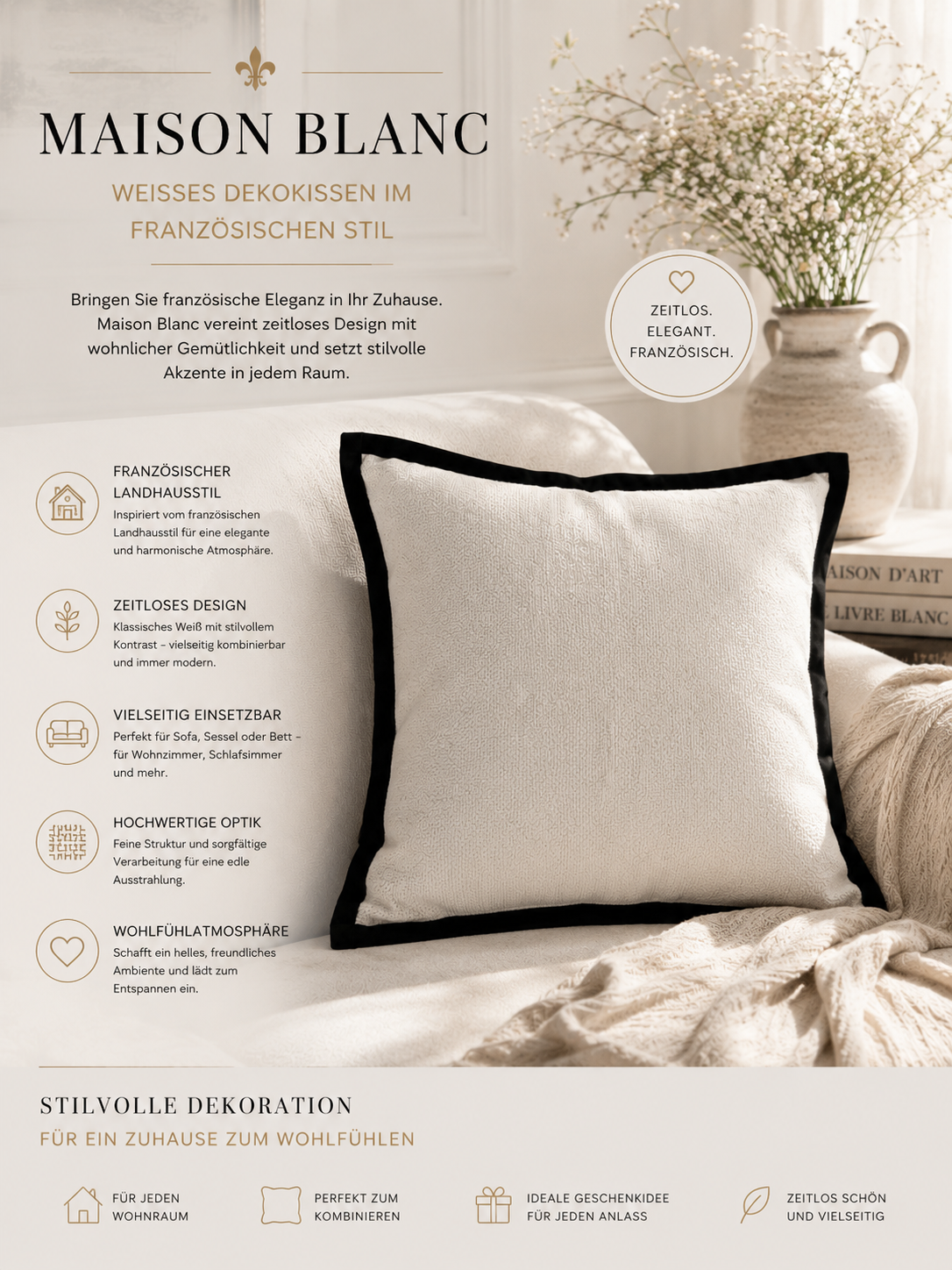 Maison Blanc Dekokissen – Elegantes Zierkissen in Weiß im französischen Landhausstil | Weiches Sofakissen für Wohnzimmer, Schlafzimmer & Wohnaccessoires