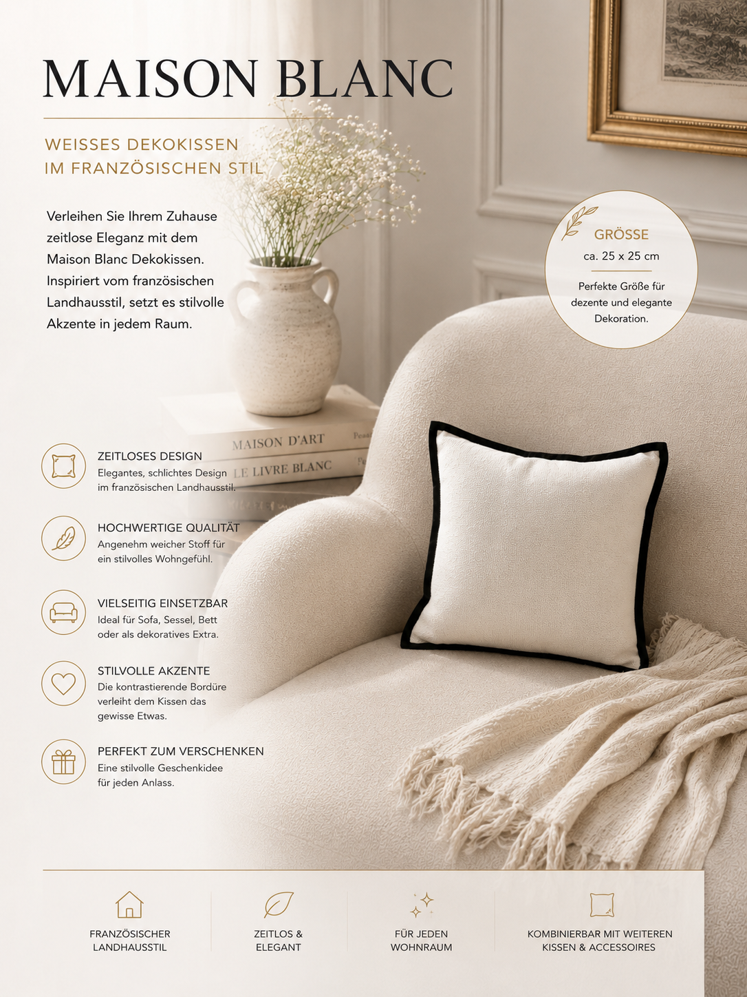 Maison Blanc Dekokissen – Elegantes Zierkissen in Weiß im französischen Landhausstil | Weiches Sofakissen für Wohnzimmer, Schlafzimmer & Wohnaccessoires