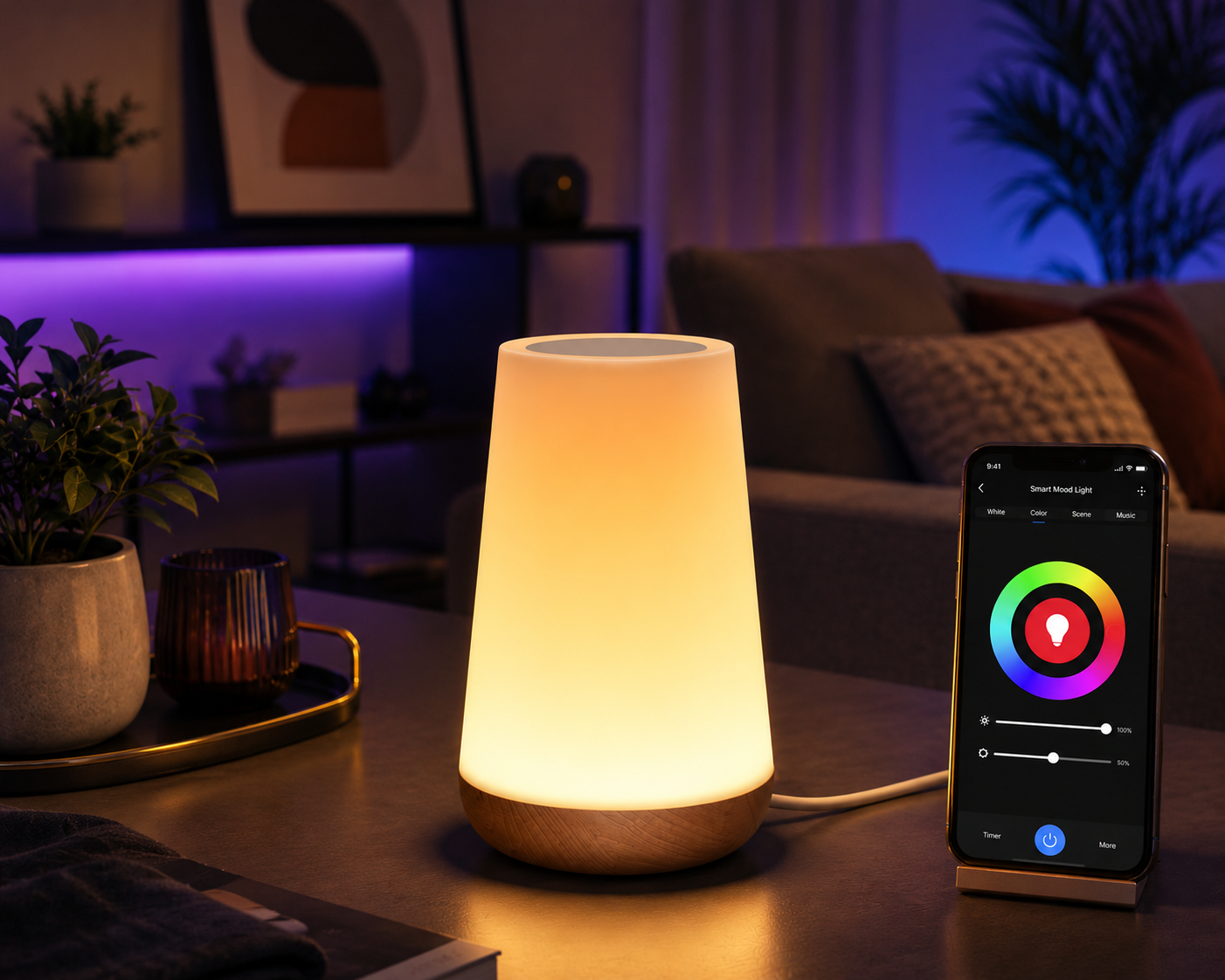 LUMORA SMART WLAN Tischlampe mit Alexa & Google Home – Dimmbare LED-Nachttischlampe mit App-Steuerung, RGB-Farben, Touch-Bedienung, Timer und Szenenmodi