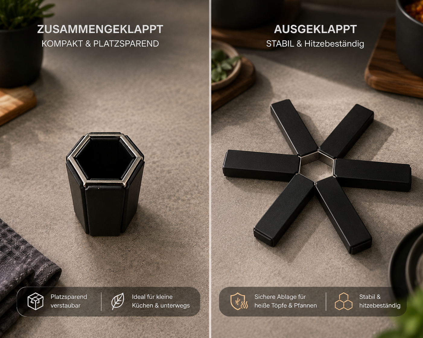FoldHeat Steel Klappbarer Topfuntersetzer aus Holz & Metall – Hitzebeständige Topfunterlage, platzsparend faltbar für Töpfe, Pfannen und Serviergeschirr