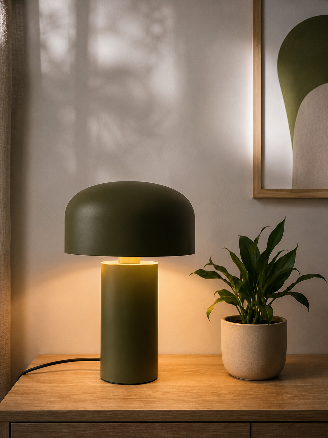 ASCEND 21 Moss Glow LED Tischlampe – Retro Designlampe in Olivgrün mit Metallschirm, modernes Ambientelicht für Wohnzimmer, Schlafzimmer, Nachttisch, Büro & Home Office