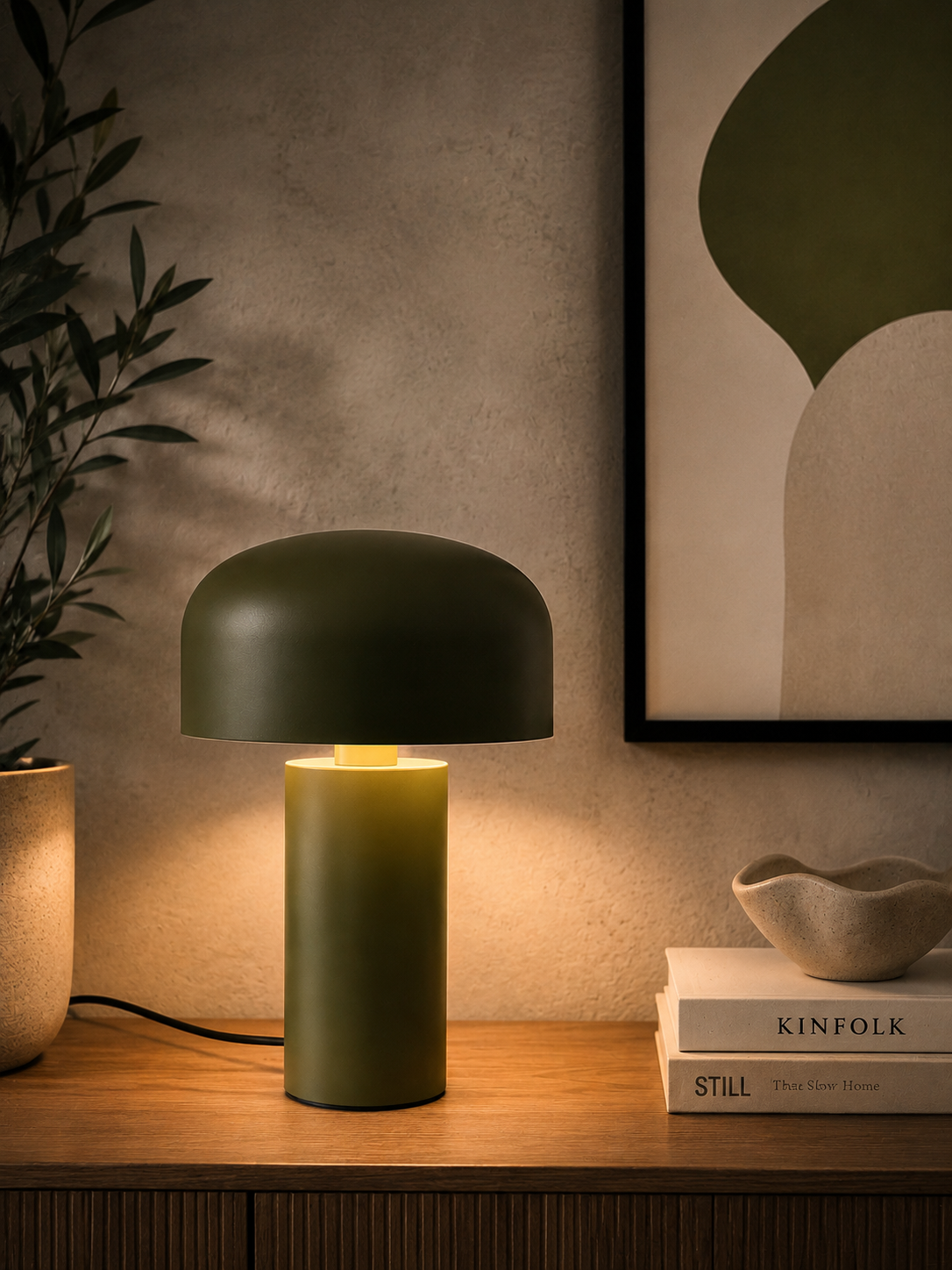 ASCEND 21 Moss Glow LED Tischlampe – Retro Designlampe in Olivgrün mit Metallschirm, modernes Ambientelicht für Wohnzimmer, Schlafzimmer, Nachttisch, Büro & Home Office