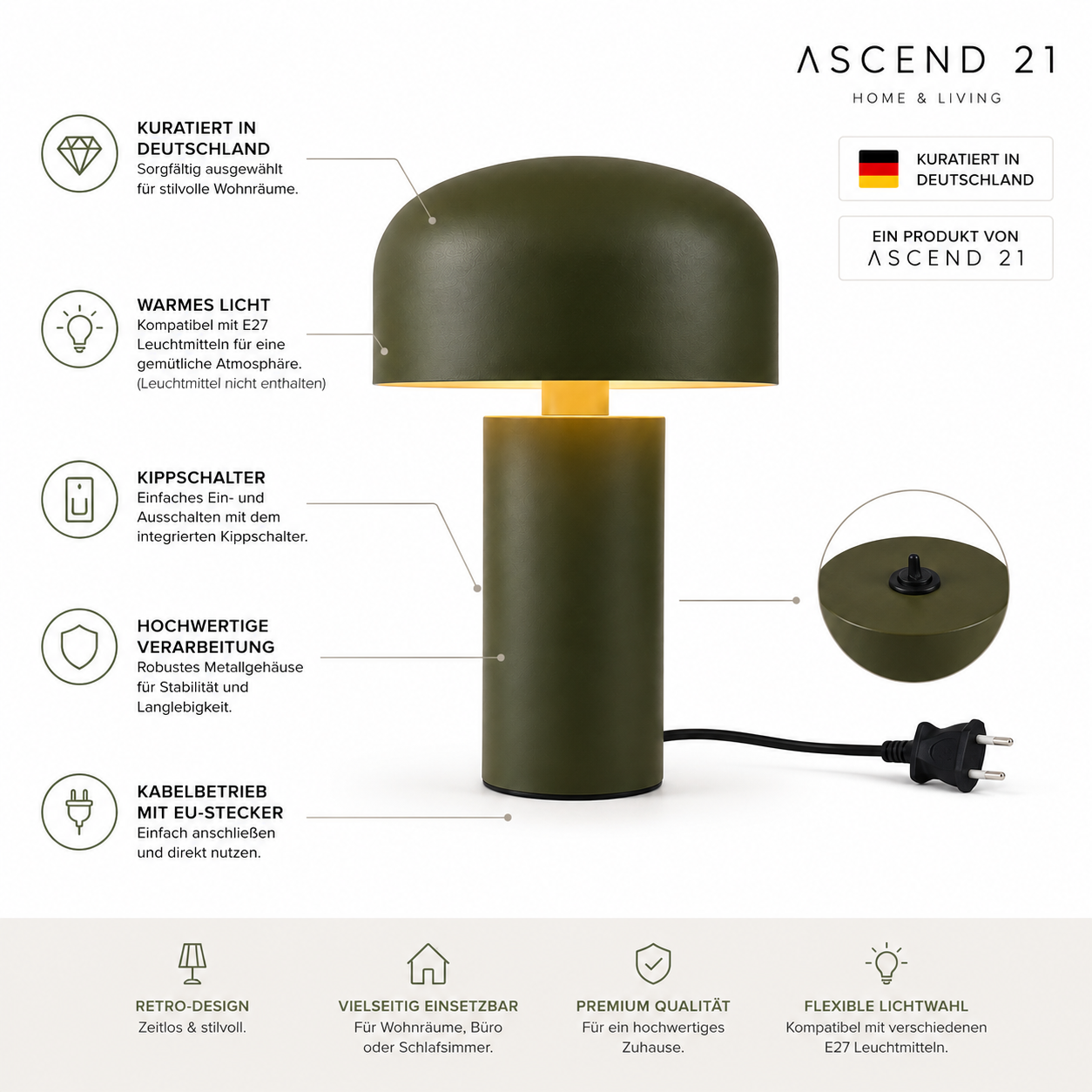 ASCEND 21 Moss Glow LED Tischlampe – Retro Designlampe in Olivgrün mit Metallschirm, modernes Ambientelicht für Wohnzimmer, Schlafzimmer, Nachttisch, Büro & Home Office