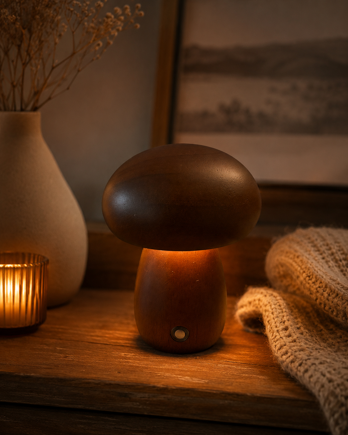 ASCEND 21 Mini Pilzlampe Amber Wood – Tischlampe im Holzdesign, warmes Licht, Retro Pilzlampe, Nachtlicht, Wohnzimmer Deko, Schlafzimmer Lampe