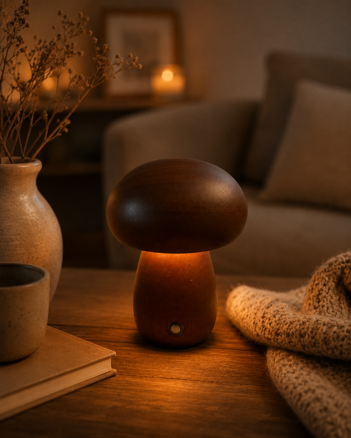 ASCEND 21 Mini Pilzlampe Amber Wood – Tischlampe im Holzdesign, warmes Licht, Retro Pilzlampe, Nachtlicht, Wohnzimmer Deko, Schlafzimmer Lampe