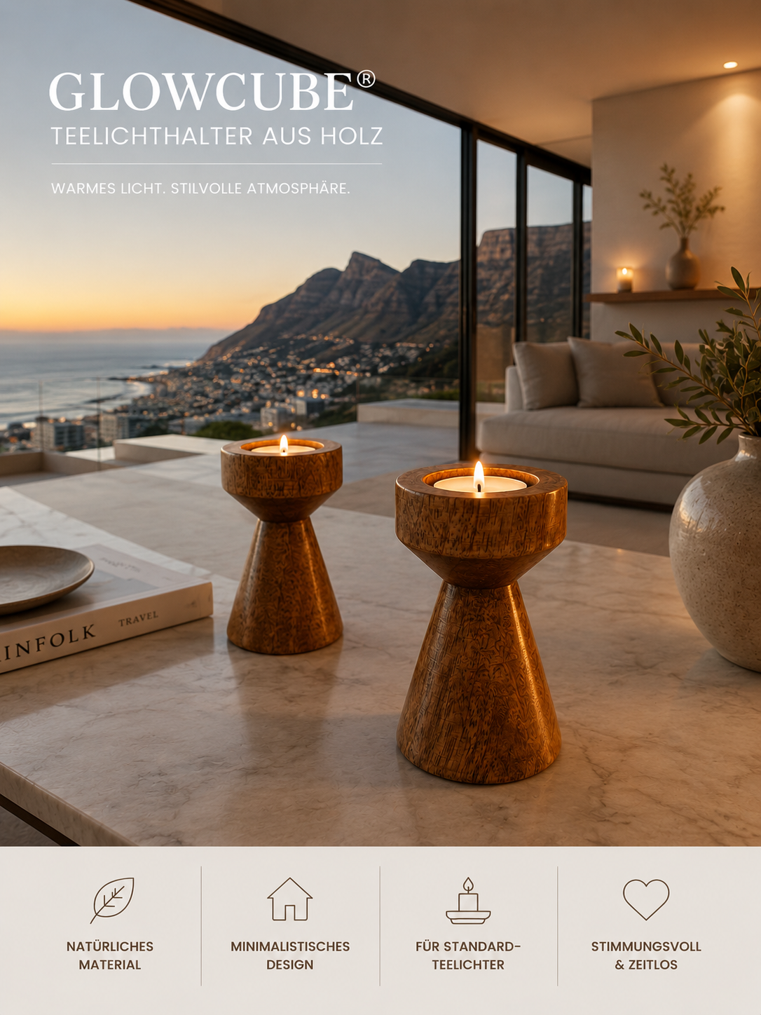 ASCEND 21 GLOWCUBE® Teelichthalter aus Holz – Moderner Kerzenhalter für Standard-Teelichter | Dekorativer Holz-Teelichthalter für Wohnzimmer, Esstisch & Schlafzimmer