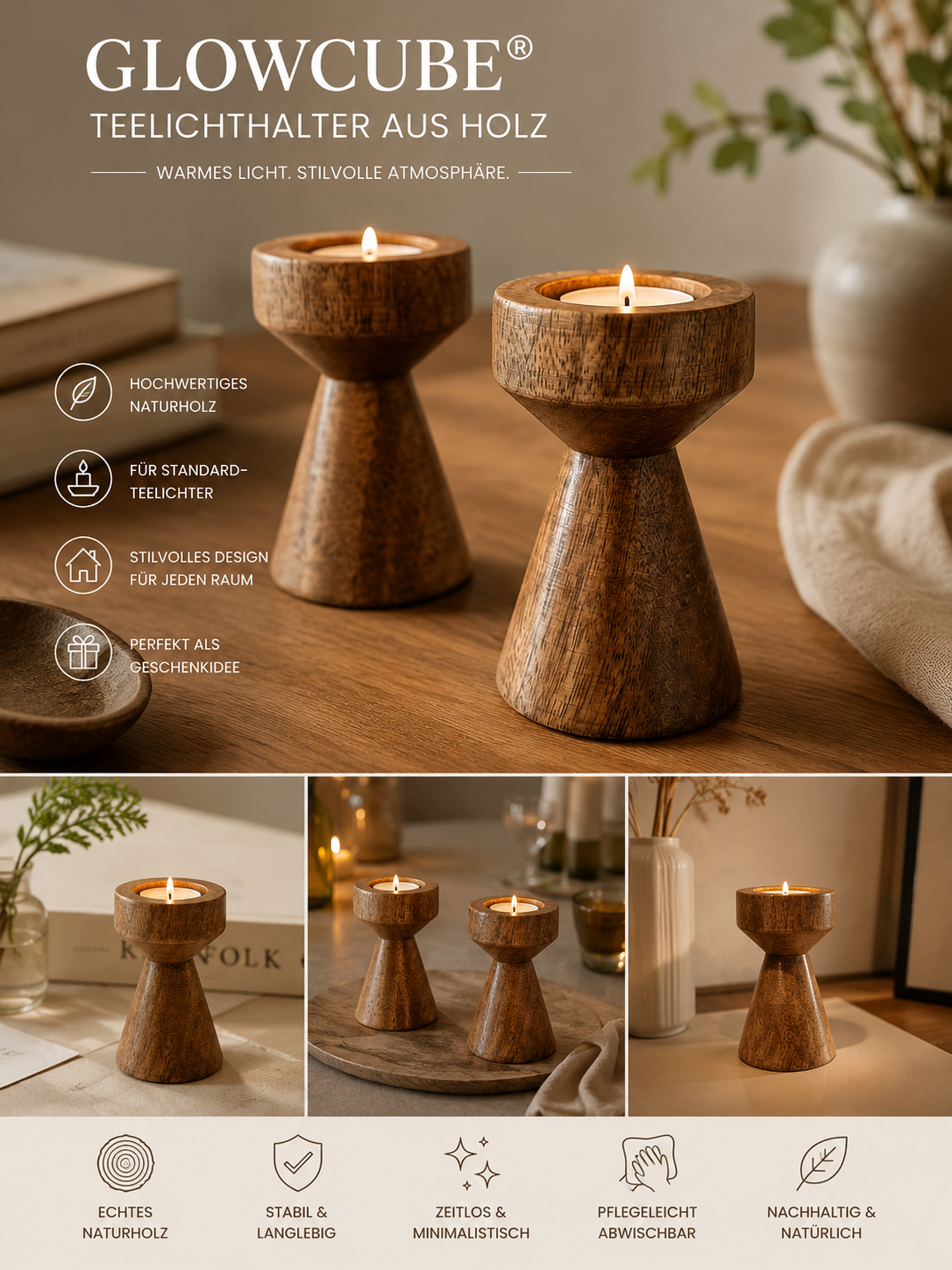 ASCEND 21 GLOWCUBE® Teelichthalter aus Holz – Moderner Kerzenhalter für Standard-Teelichter | Dekorativer Holz-Teelichthalter für Wohnzimmer, Esstisch & Schlafzimmer