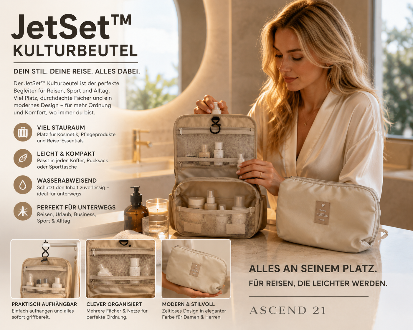 ASCEND 21 JetSet™ Kulturbeutel – Reise-Kosmetiktasche für Damen & Herren | Waschbeutel, Kulturbeutel, Kosmetiktasche mit großem Stauraum für Reisen, Sport & Alltag