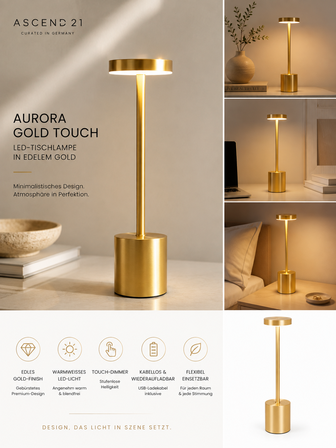 ASCEND 21 AURORA GOLD TOUCH – LED-Tischlampe in Gold – Touch-Dimmer – Mobile Designleuchte für Wohnzimmer, Schlafzimmer & Sideboard