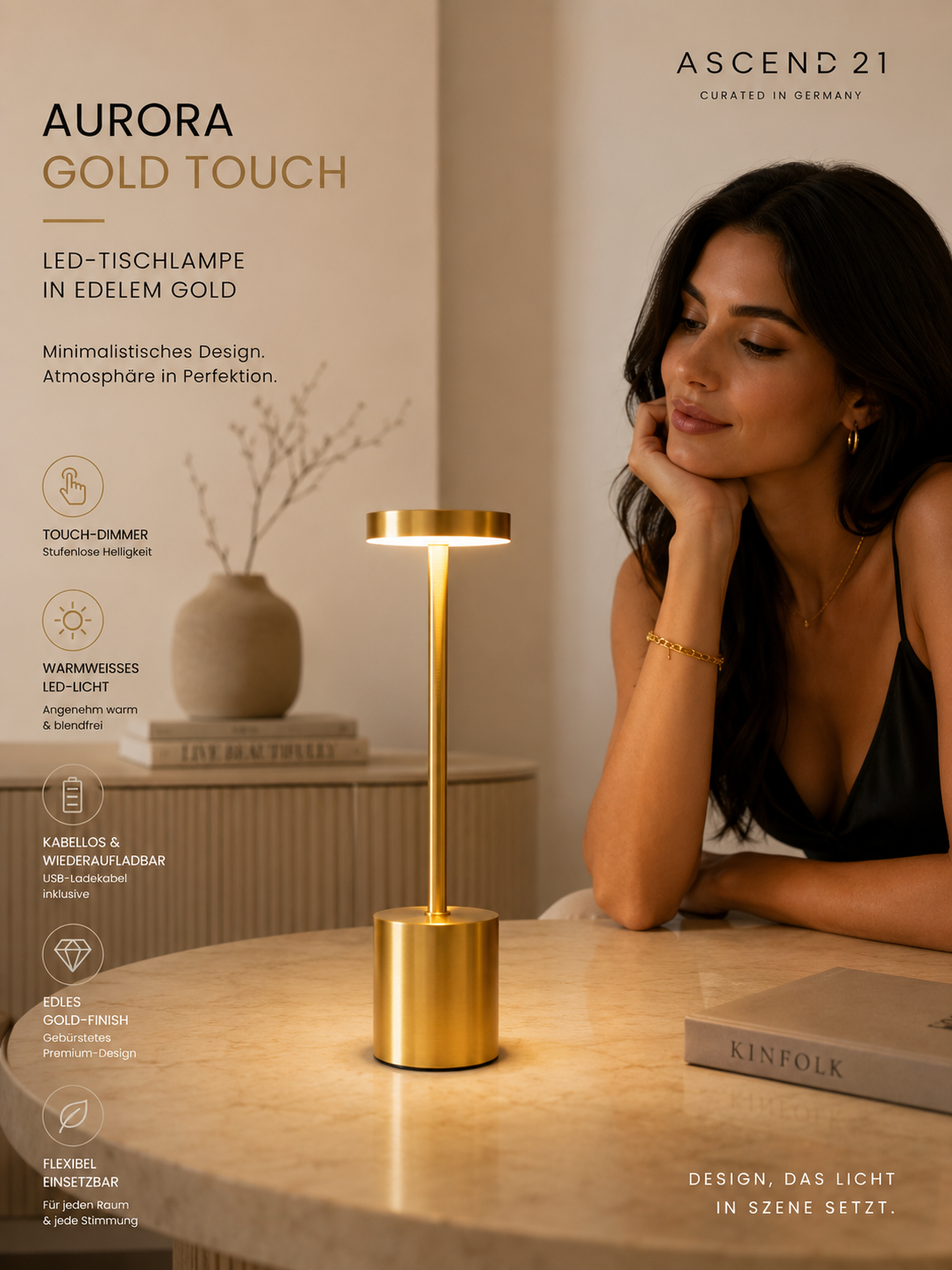 ASCEND 21 AURORA GOLD TOUCH – LED-Tischlampe in Gold – Touch-Dimmer – Mobile Designleuchte für Wohnzimmer, Schlafzimmer & Sideboard