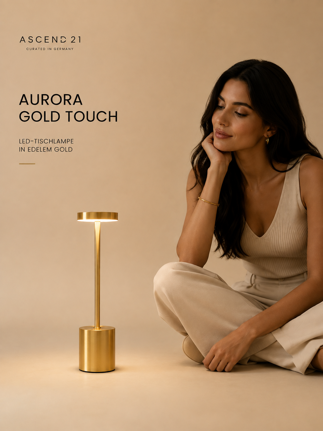 ASCEND 21 AURORA GOLD TOUCH – LED-Tischlampe in Gold – Touch-Dimmer – Mobile Designleuchte für Wohnzimmer, Schlafzimmer & Sideboard