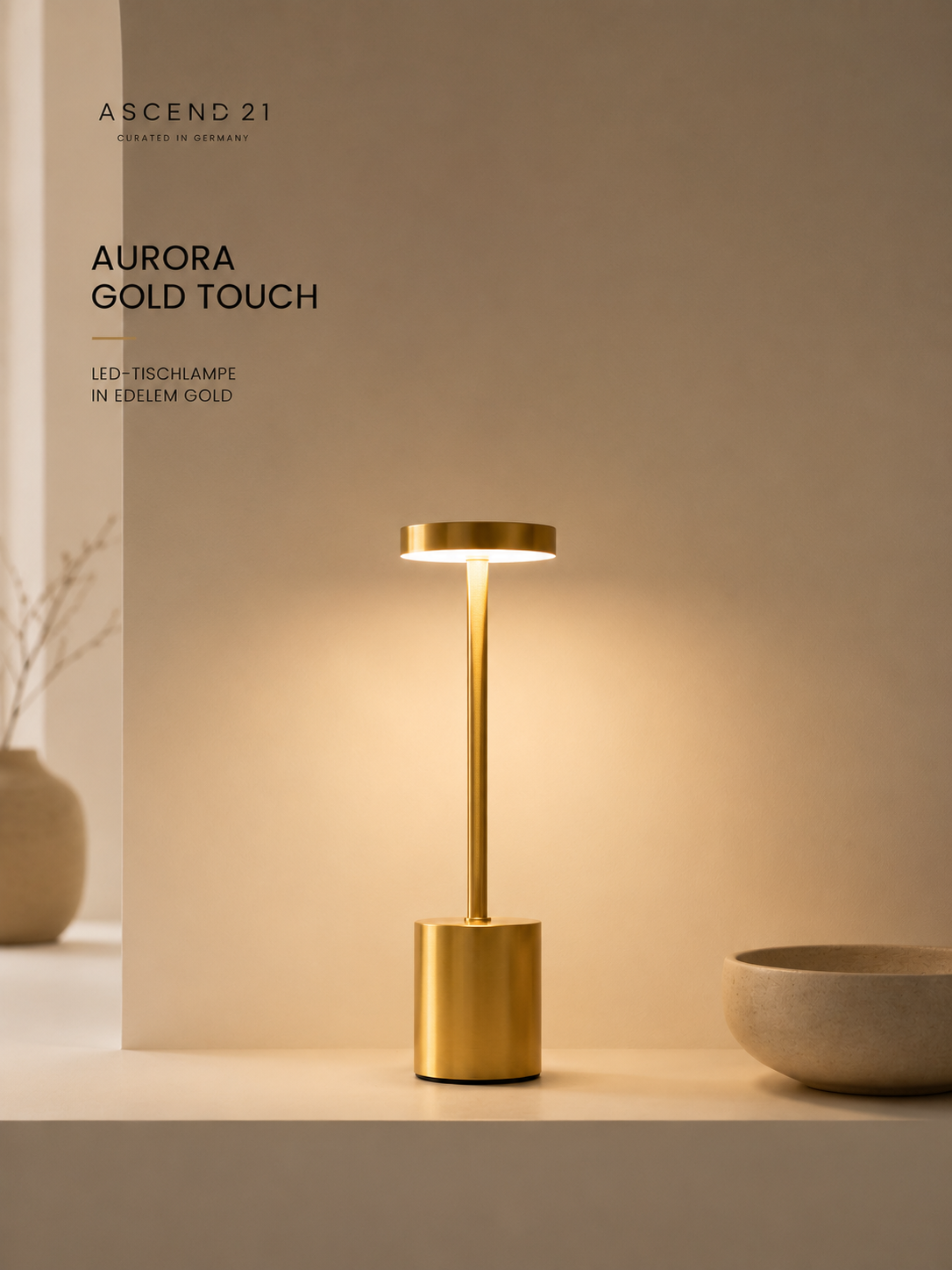 ASCEND 21 AURORA GOLD TOUCH – LED-Tischlampe in Gold – Touch-Dimmer – Mobile Designleuchte für Wohnzimmer, Schlafzimmer & Sideboard
