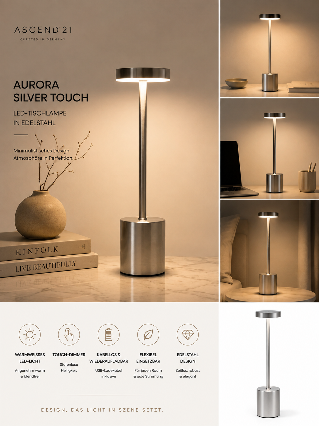 ASCEND 21 Aurora Silver Touch – LED-Tischlampe in gebürstetem Silber mit Touch-Dimmer