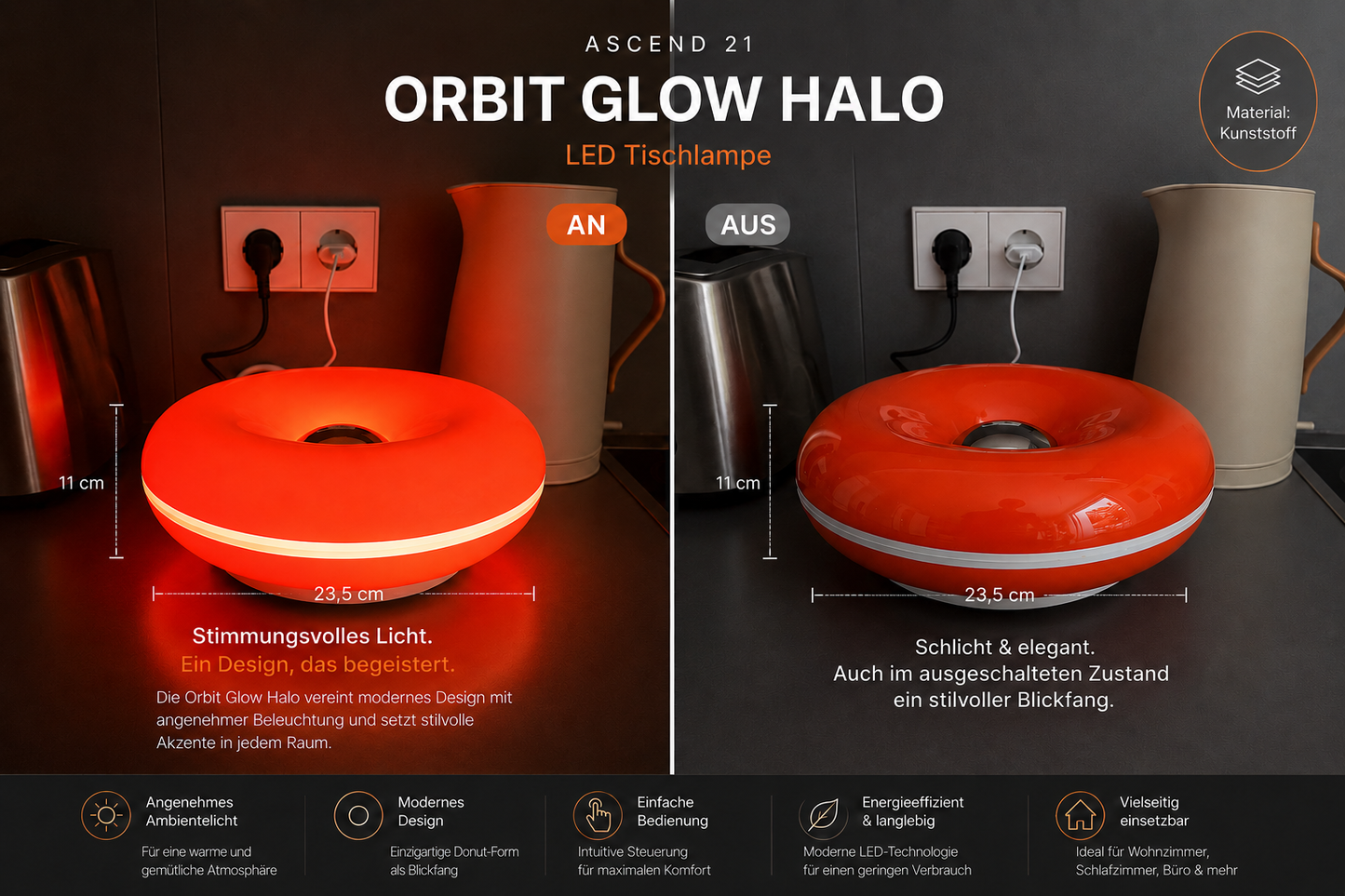 ASCEND 21 Orbit Glow Halo LED Tischlampe – Moderne Donut-Lampe aus Kunststoff – Stimmungsvolle Ambientebeleuchtung – Minimalistisches Design für Wohnzimmer, Schlafzimmer, Büro & Home Office