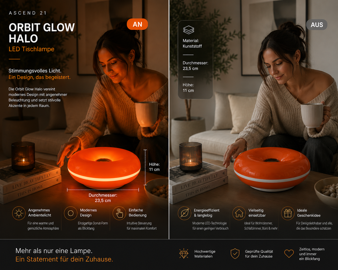 ASCEND 21 Orbit Glow Halo LED Tischlampe – Moderne Donut-Lampe aus Kunststoff – Stimmungsvolle Ambientebeleuchtung – Minimalistisches Design für Wohnzimmer, Schlafzimmer, Büro & Home Office