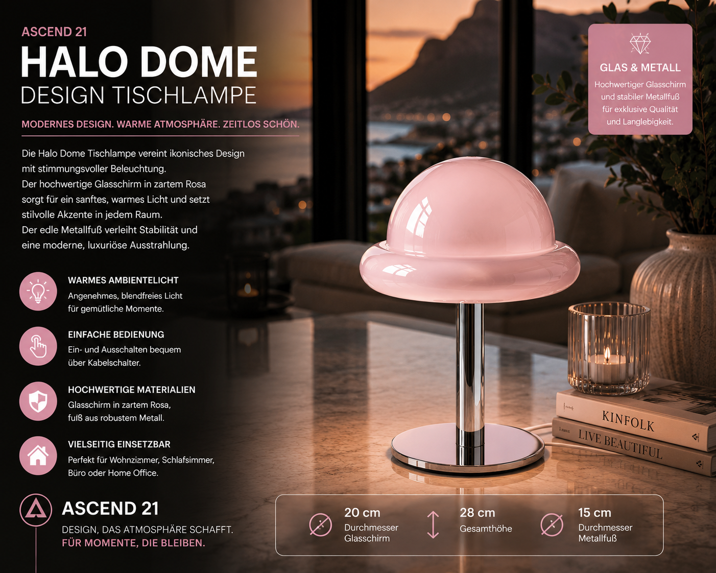 ASCEND 21 Halo Dome LED Tischlampe Rosa – Moderne Designlampe aus Glas und Metall – Rosa Tischleuchte mit Kabel – 20 cm Durchmesser, 28 cm Höhe – Ambientelicht für Schlafzimmer, Wohnzimmer, Büro & Home Office