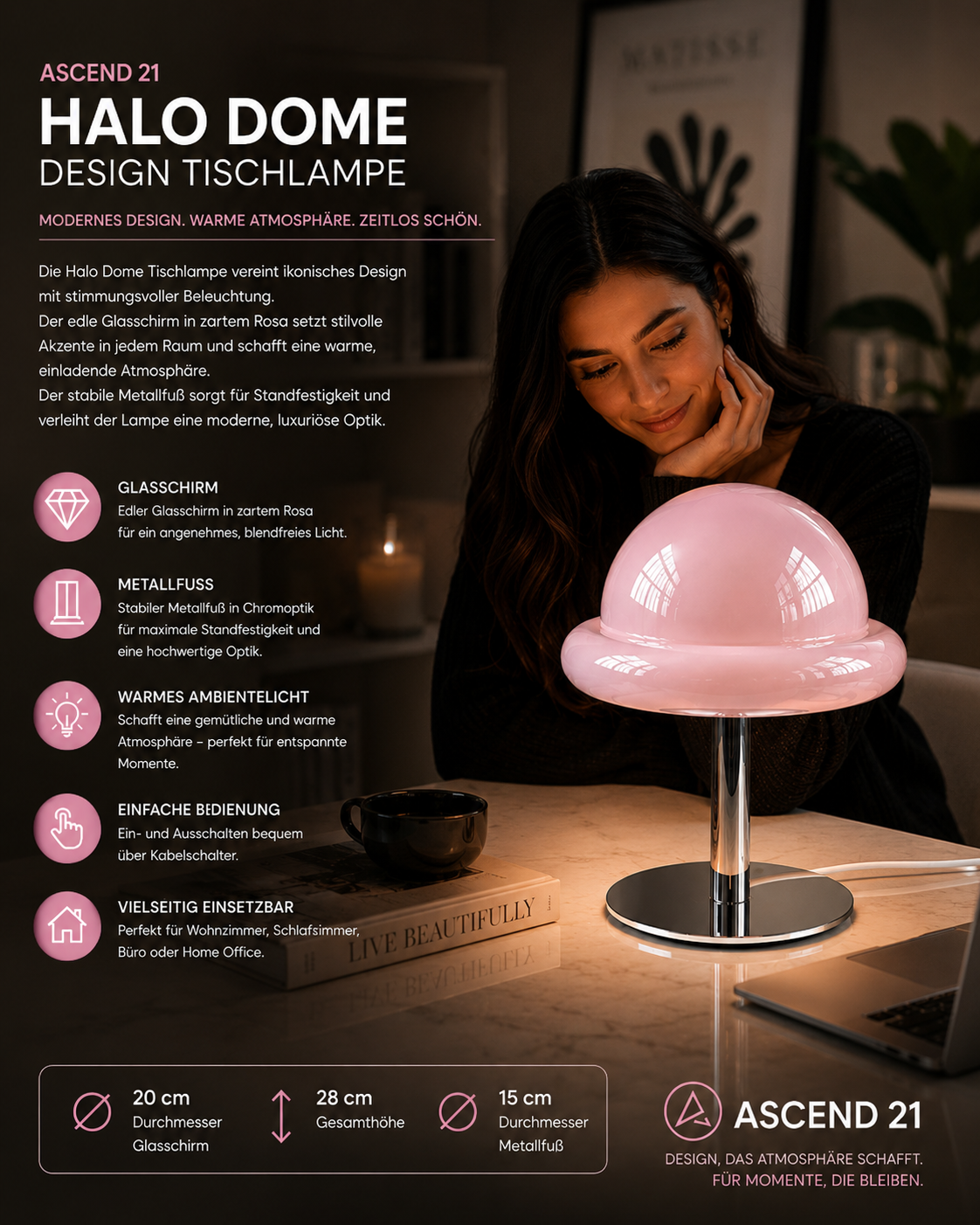 ASCEND 21 Halo Dome LED Tischlampe Rosa – Moderne Designlampe aus Glas und Metall – Rosa Tischleuchte mit Kabel – 20 cm Durchmesser, 28 cm Höhe – Ambientelicht für Schlafzimmer, Wohnzimmer, Büro & Home Office