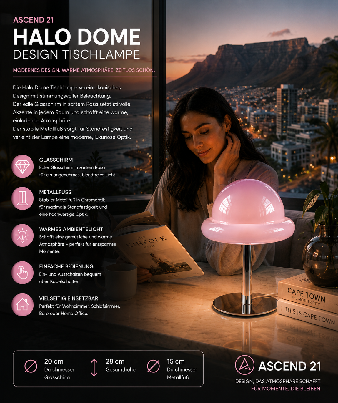 ASCEND 21 Halo Dome LED Tischlampe Rosa – Moderne Designlampe aus Glas und Metall – Rosa Tischleuchte mit Kabel – 20 cm Durchmesser, 28 cm Höhe – Ambientelicht für Schlafzimmer, Wohnzimmer, Büro & Home Office