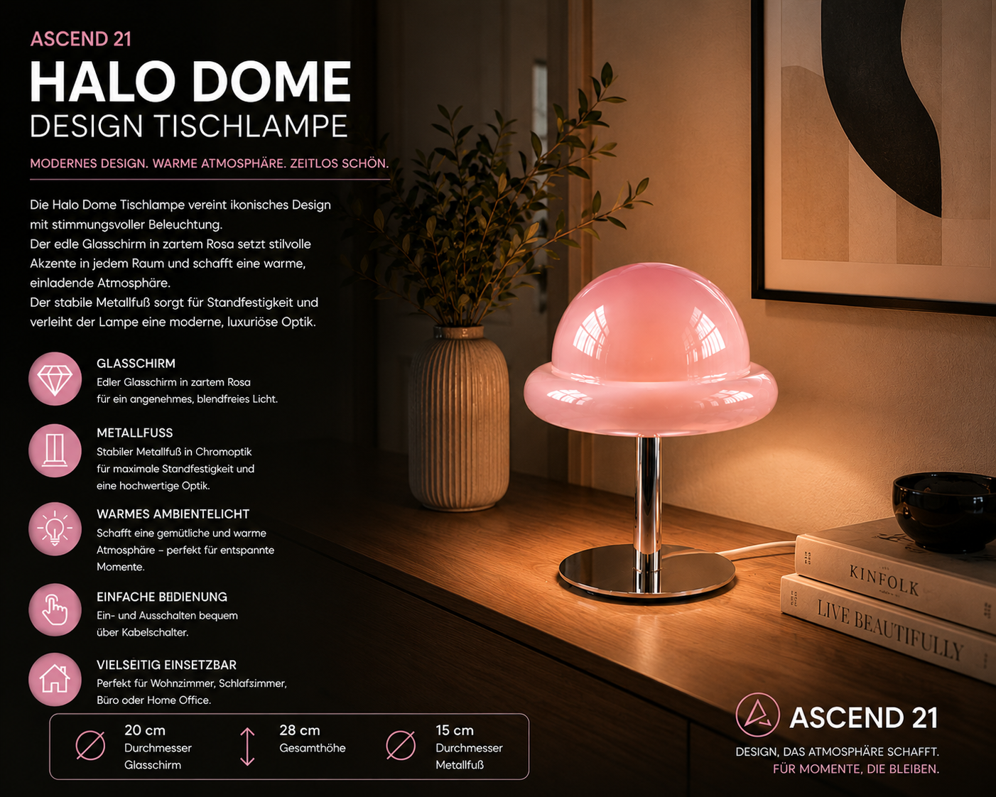ASCEND 21 Halo Dome LED Tischlampe Rosa – Moderne Designlampe aus Glas und Metall – Rosa Tischleuchte mit Kabel – 20 cm Durchmesser, 28 cm Höhe – Ambientelicht für Schlafzimmer, Wohnzimmer, Büro & Home Office