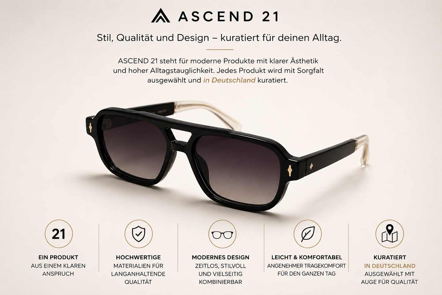 ASCEND21 Noir Shade Sonnenbrille – Klassische schwarze Unisex Sonnenbrille im minimalistischen Design – Leichtes Retro-Modell für Alltag, Urlaub, Freizeit & Sommer