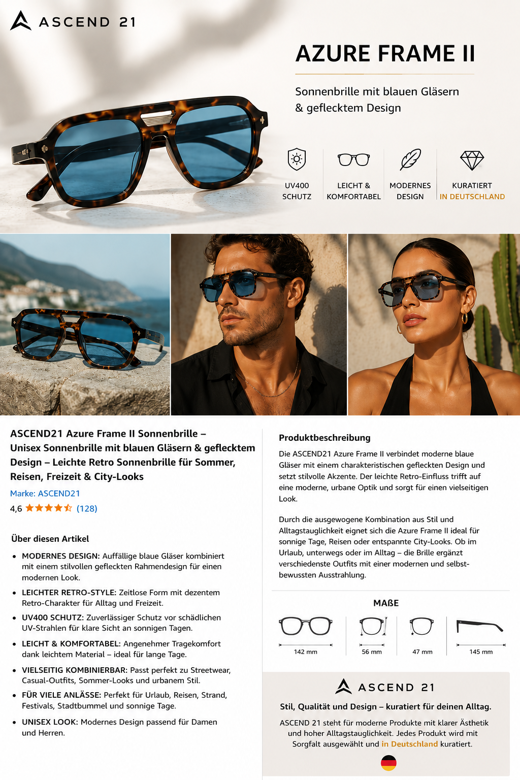 ASCEND21 Azure Frame II Sonnenbrille – Unisex Sonnenbrille mit blauen Gläsern & geflecktem Design – Leichte Retro Sonnenbrille für Sommer, Reisen, Freizeit & City-Looks