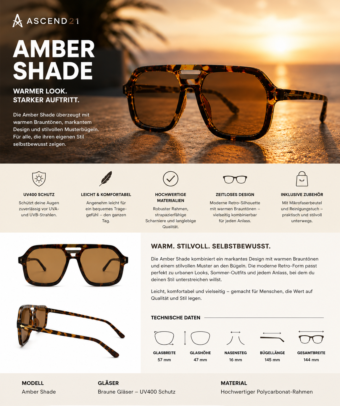 ASCEND21 Amber Shade Sonnenbrille – Unisex Sonnenbrille mit braunen Gläsern & Musterbügel – Leichte Retro Sonnenbrille für Sommer, Alltag, Reisen, Strand & City-Looks