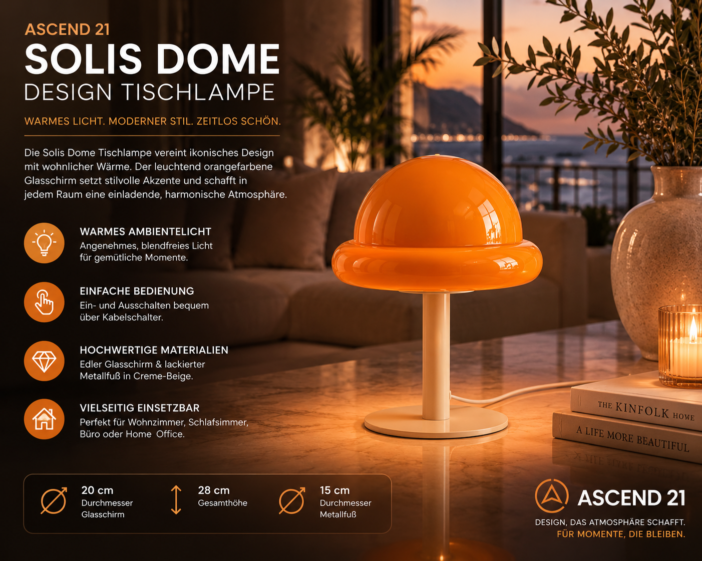 ASCEND 21 Solis Dome LED Tischlampe – Designlampe mit orangem Glasschirm & cremefarbenem Metallfuß – Moderne Tischleuchte mit Kabel – Warmes Ambientelicht für Wohnzimmer, Schlafzimmer & Büro