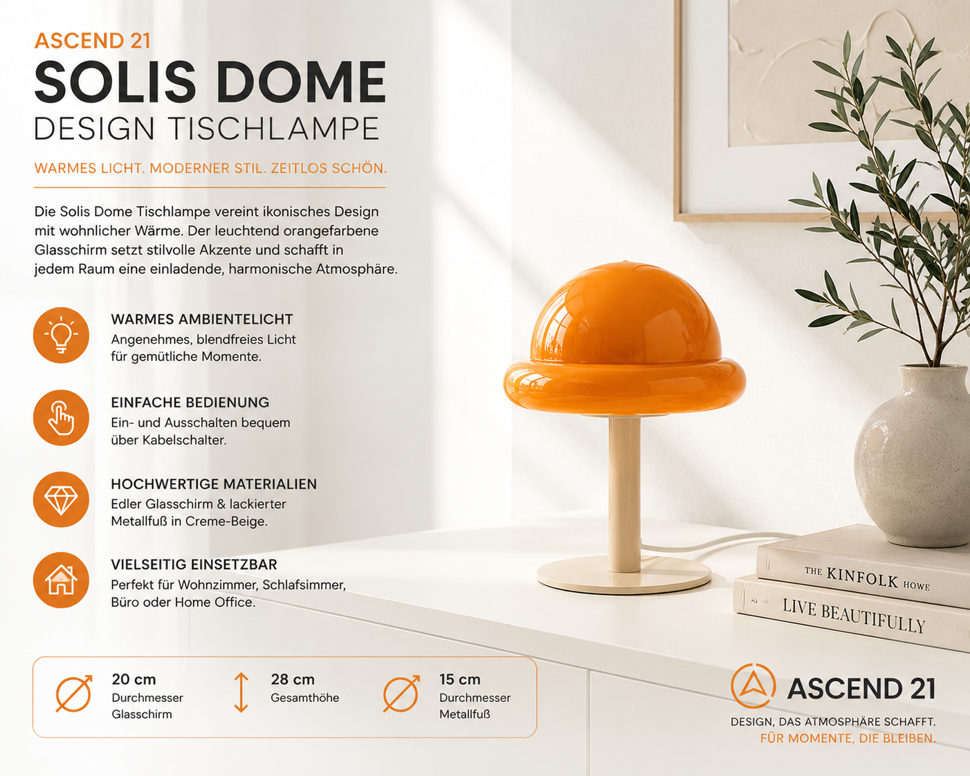 ASCEND 21 Solis Dome LED Tischlampe – Designlampe mit orangem Glasschirm & cremefarbenem Metallfuß – Moderne Tischleuchte mit Kabel – Warmes Ambientelicht für Wohnzimmer, Schlafzimmer & Büro