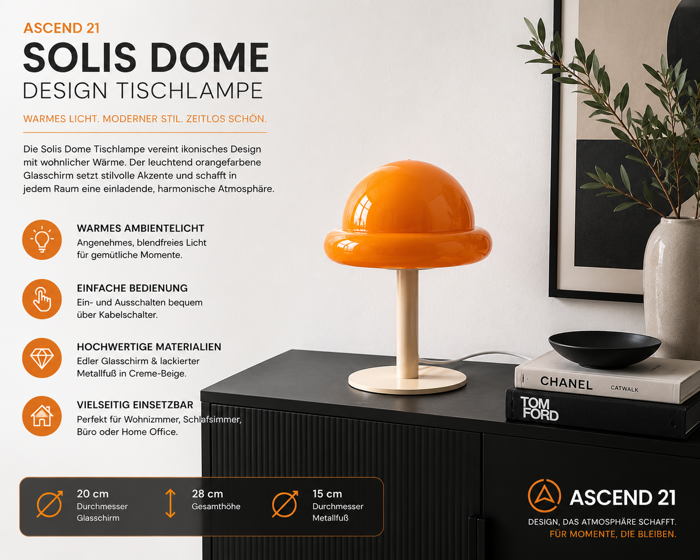 ASCEND 21 Solis Dome LED Tischlampe – Designlampe mit orangem Glasschirm & cremefarbenem Metallfuß – Moderne Tischleuchte mit Kabel – Warmes Ambientelicht für Wohnzimmer, Schlafzimmer & Büro