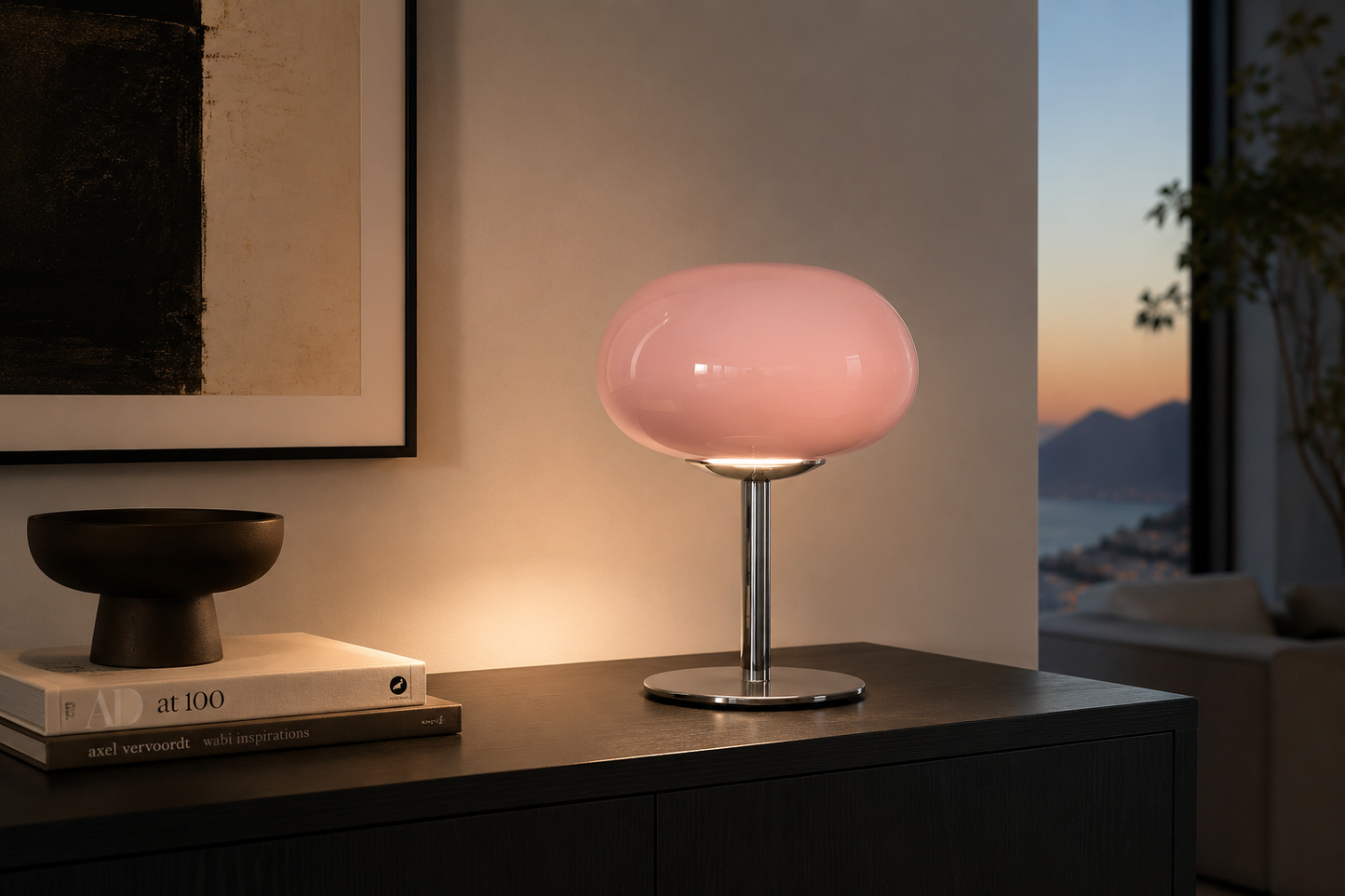 ASCEND 21 Rosé Aura – Moderne Design-Tischlampe aus Metall & Glasoptik – Rosa Pilzlampe Ø 20 cm – 28 cm Höhe – Elegante Deko-Leuchte für Wohnzimmer, Schlafzimmer & Sideboard