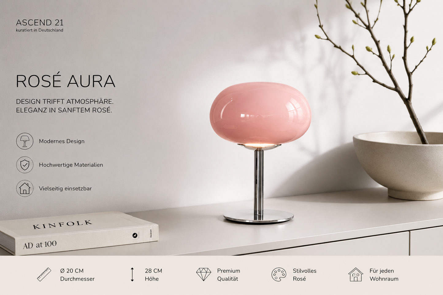 ASCEND 21 Rosé Aura – Moderne Design-Tischlampe aus Metall & Glasoptik – Rosa Pilzlampe Ø 20 cm – 28 cm Höhe – Elegante Deko-Leuchte für Wohnzimmer, Schlafzimmer & Sideboard