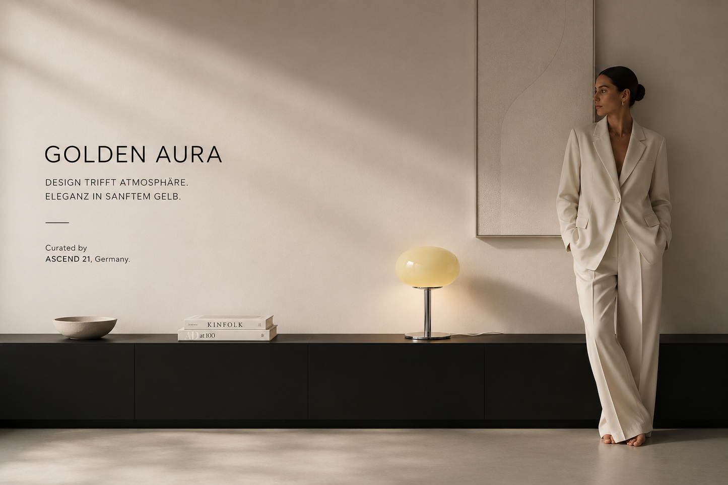 ASCEND 21 Golden Aura – Design-Tischlampe aus Glas & poliertem Chrom-Metall – Cremegelbe Pilzlampe Ø 20 cm – 28 cm Höhe – Elegante Designerleuchte für Wohnzimmer, Schlafzimmer & Sideboard