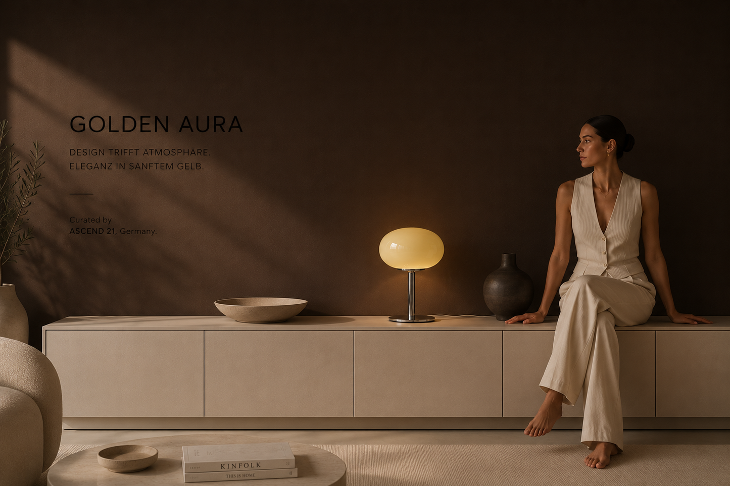 ASCEND 21 Golden Aura – Design-Tischlampe aus Glas & poliertem Chrom-Metall – Cremegelbe Pilzlampe Ø 20 cm – 28 cm Höhe – Elegante Designerleuchte für Wohnzimmer, Schlafzimmer & Sideboard