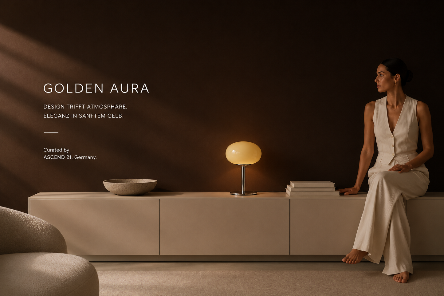 ASCEND 21 Golden Aura – Design-Tischlampe aus Glas & poliertem Chrom-Metall – Cremegelbe Pilzlampe Ø 20 cm – 28 cm Höhe – Elegante Designerleuchte für Wohnzimmer, Schlafzimmer & Sideboard