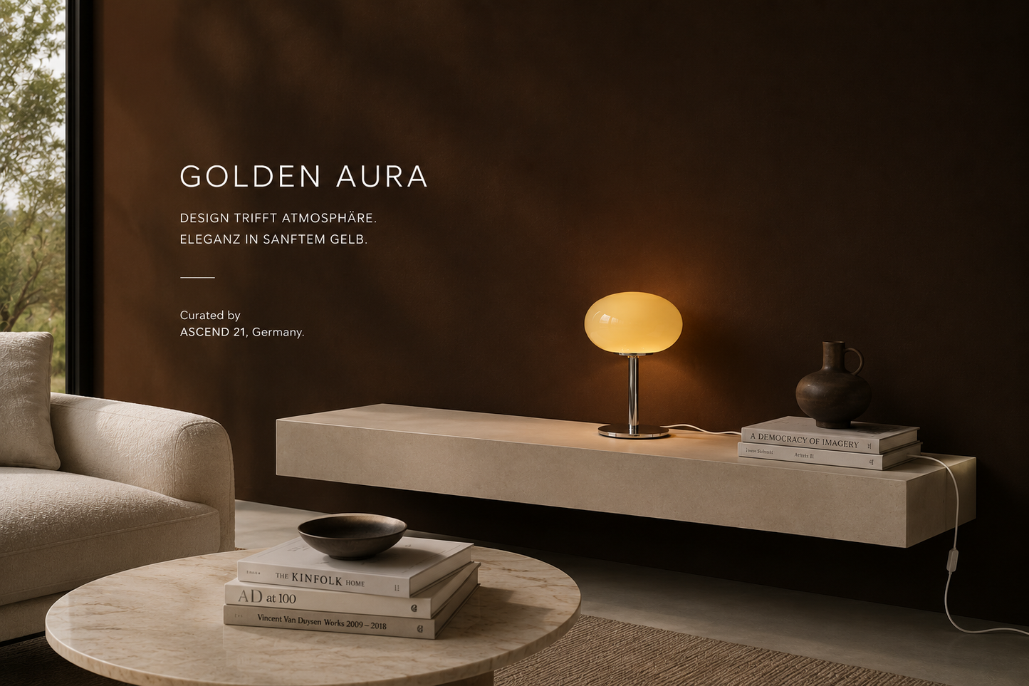 ASCEND 21 Golden Aura – Design-Tischlampe aus Glas & poliertem Chrom-Metall – Cremegelbe Pilzlampe Ø 20 cm – 28 cm Höhe – Elegante Designerleuchte für Wohnzimmer, Schlafzimmer & Sideboard