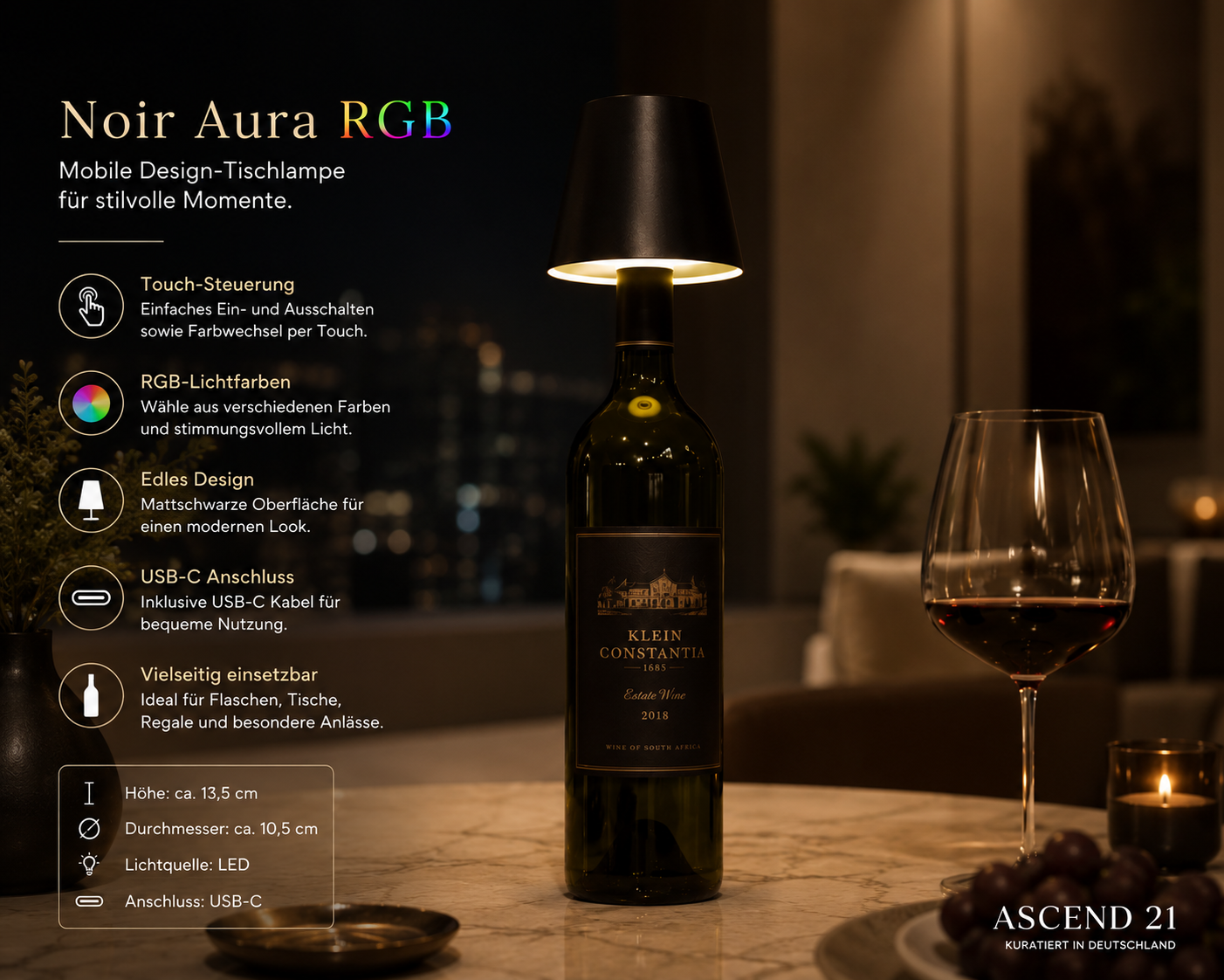 ASCEND 21 Noir Aura RGB – Mobile LED Design-Tischlampe in Mattschwarz – Modernes Ambient-Licht – Mehrfarbige RGB-Beleuchtung – Touch-Steuerung – Für Wohnzimmer, Schlafzimmer, Balkon & Terrasse