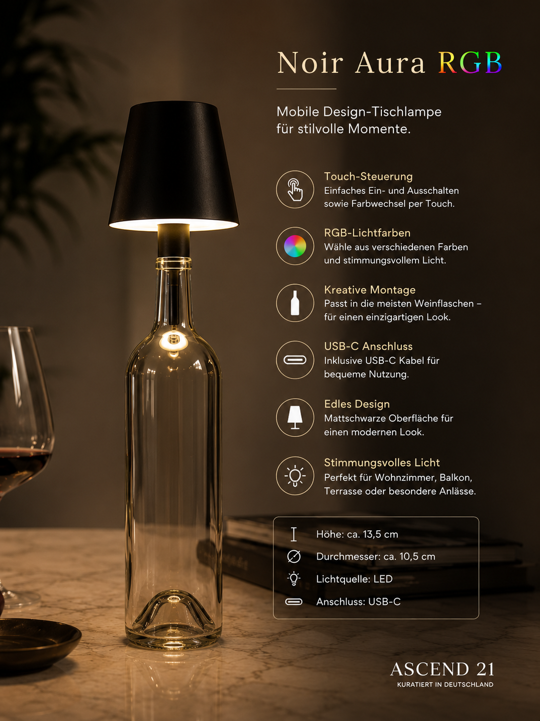ASCEND 21 Noir Aura RGB – Mobile LED Design-Tischlampe in Mattschwarz – Modernes Ambient-Licht – Mehrfarbige RGB-Beleuchtung – Touch-Steuerung – Für Wohnzimmer, Schlafzimmer, Balkon & Terrasse