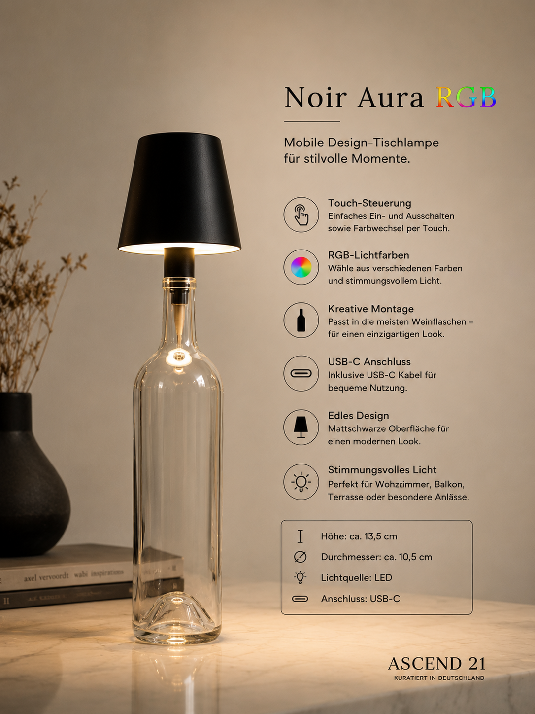ASCEND 21 Noir Aura RGB – Mobile LED Design-Tischlampe in Mattschwarz – Modernes Ambient-Licht – Mehrfarbige RGB-Beleuchtung – Touch-Steuerung – Für Wohnzimmer, Schlafzimmer, Balkon & Terrasse