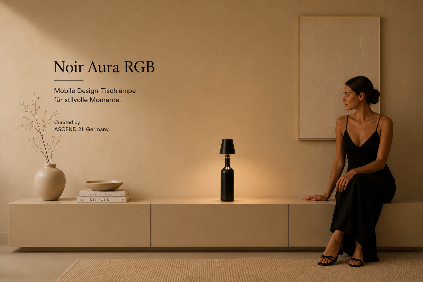 ASCEND 21 Noir Aura RGB – Mobile LED Design-Tischlampe in Mattschwarz – Modernes Ambient-Licht – Mehrfarbige RGB-Beleuchtung – Touch-Steuerung – Für Wohnzimmer, Schlafzimmer, Balkon & Terrasse