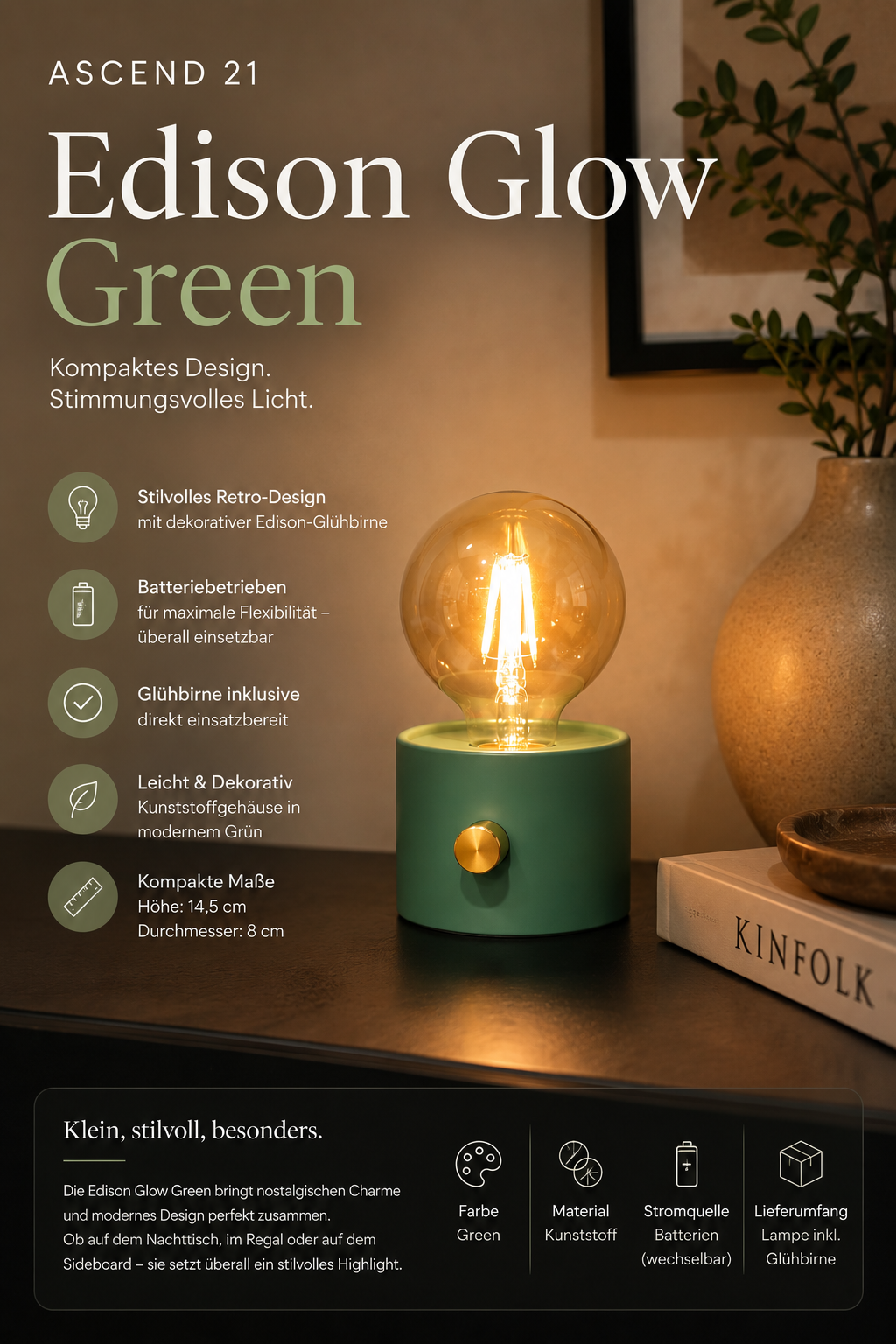 ASCEND 21 Edison Glow Green – Design-Tischlampe mit Glühbirne – Grüne Deko-Leuchte im Retro-Stil – Kunststoffgehäuse – Batteriebetrieben – Glühbirne inklusive – 14,5 x 8 cm