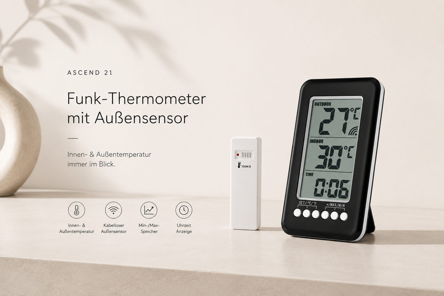 ASCEND 21 Funk-Thermometer mit Außensensor – Digitales Innen- & Außenthermometer mit LCD-Display, Funkübertragung, Min-/Max-Anzeige, Uhrzeit, Tischaufsteller & Wandmontage, Schwarz
