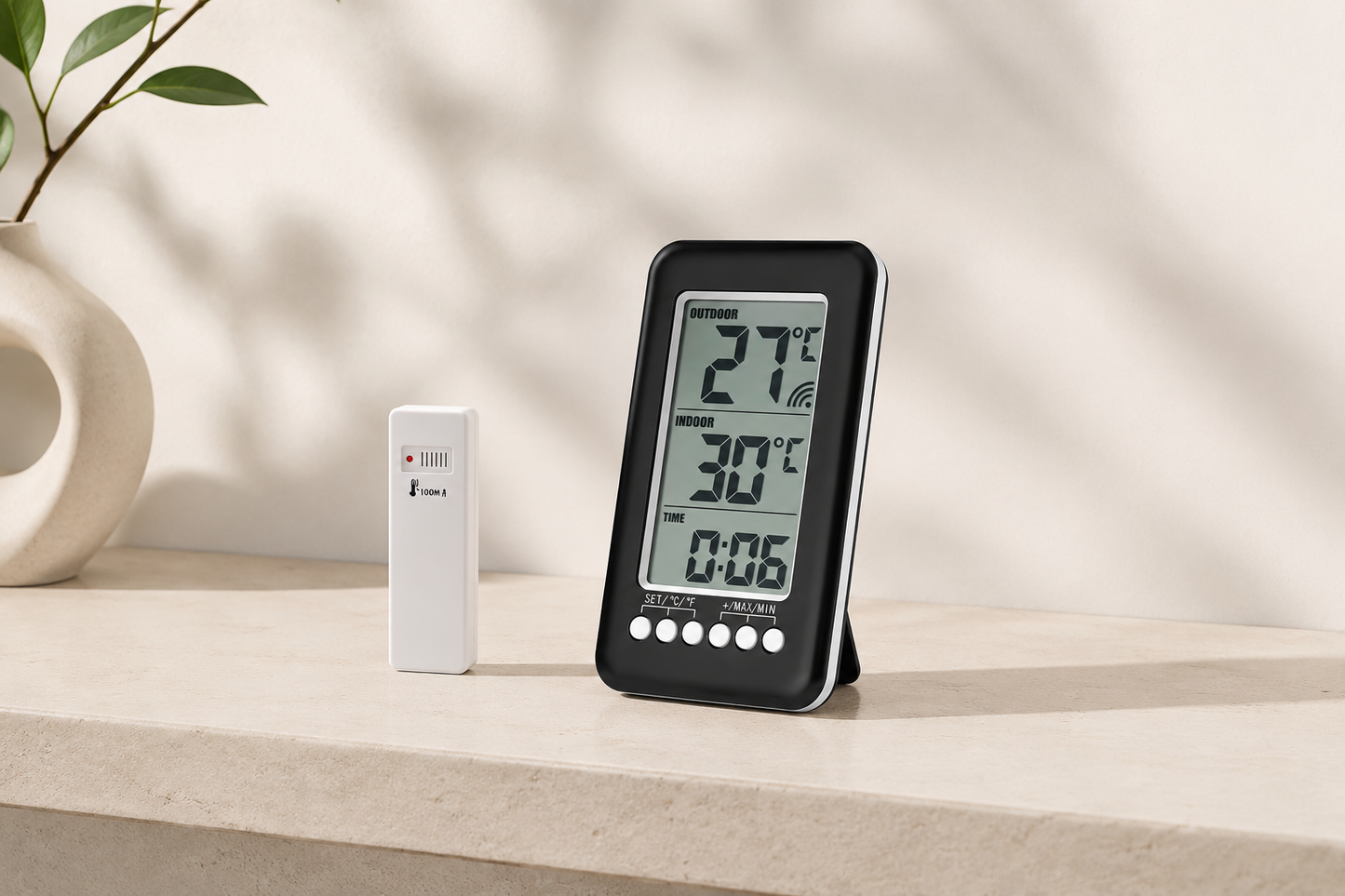 ASCEND 21 Funk-Thermometer mit Außensensor – Digitales Innen- & Außenthermometer mit LCD-Display, Funkübertragung, Min-/Max-Anzeige, Uhrzeit, Tischaufsteller & Wandmontage, Schwarz