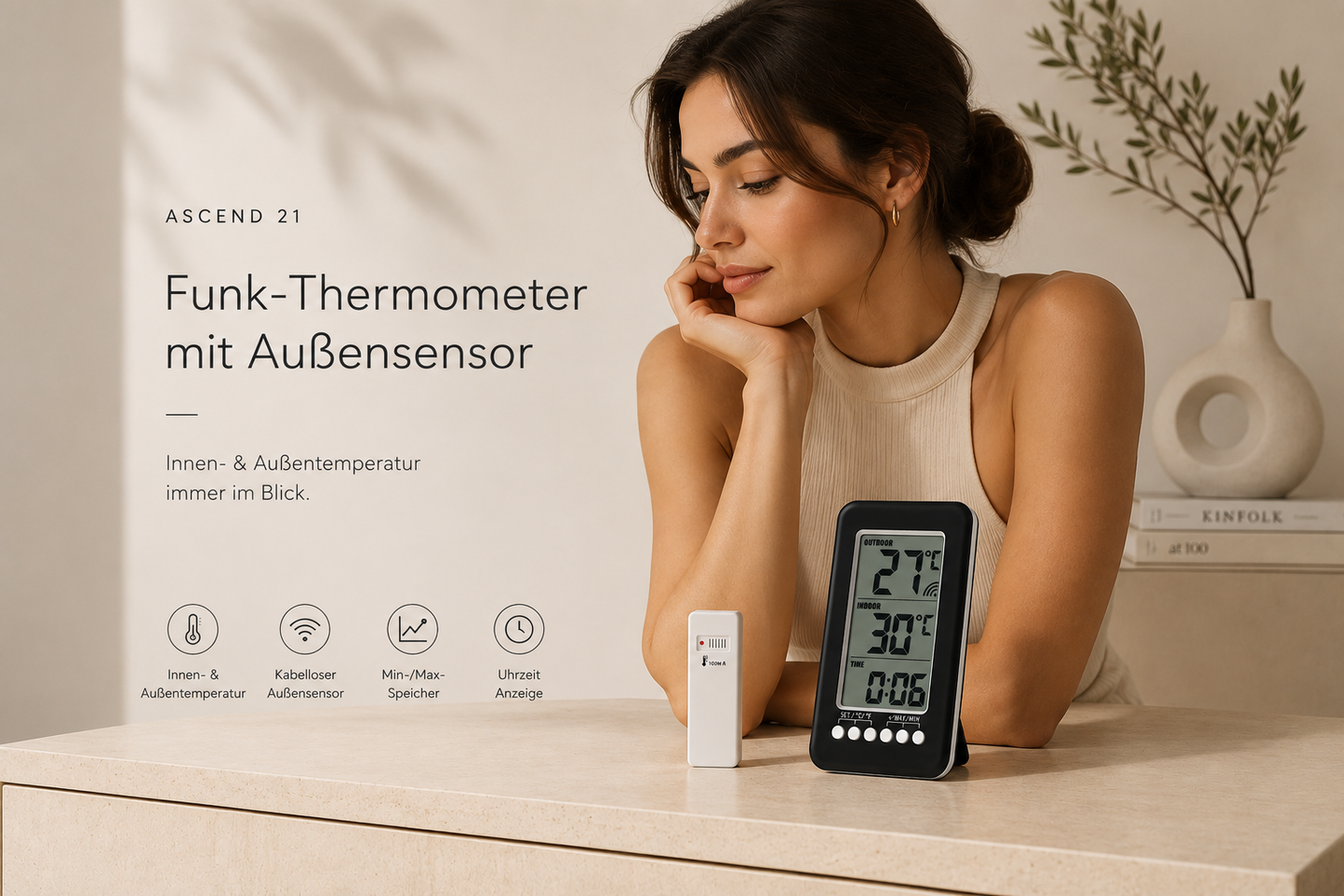 ASCEND 21 Funk-Thermometer mit Außensensor – Digitales Innen- & Außenthermometer mit LCD-Display, Funkübertragung, Min-/Max-Anzeige, Uhrzeit, Tischaufsteller & Wandmontage, Schwarz